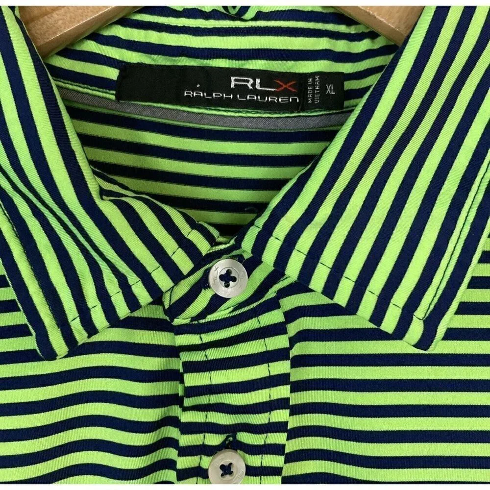 Ralph Lauren RLX Polo Shirt Mens XL Green Blue Stripe Golf Performance Top